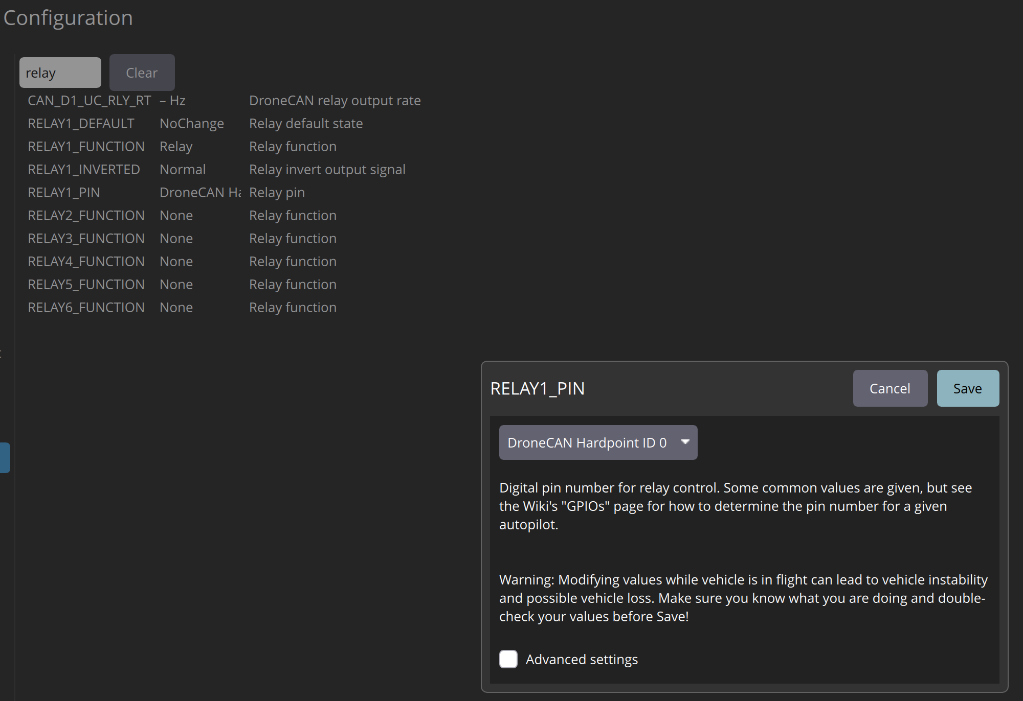 Ardupilot Relay configuration screenshot